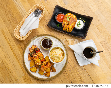 Tacos Baked with Cheese, Poultry Shish Kebab, Barbecue Shashlik, Corn Vegetable Tacos, Mexican Food Set 123675164