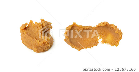 Miso paste isolated. Japanese shiro miso seasoning sauce, fermented soybean spread, brown soy cream 123675166
