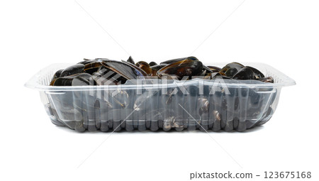 Raw Mussels in Plastic Packaging Isolated, Fresh Shellfish Seafood, Black Mussels, Raw Cold Clams on White Raw Mussels in Plastic Packaging Isolated, Fresh Shellfish Seafood, Black Mussels, Raw Cold Clams on White 123675168