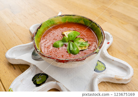 Red Cream Soup with Beans and Chipotle Pepper, Gazpacho, Mexican Tomato Soup Red Cream Soup with Beans and Chipotle Pepper, Gazpacho, Mexican Tomato Soup 123675169