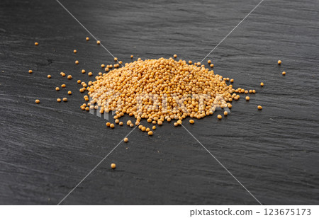 Mustard seeds isolated, dry yellow sinapis alba grains, mostarde balls Mustard seeds isolated, dry yellow sinapis alba grains, mostarde balls 123675173