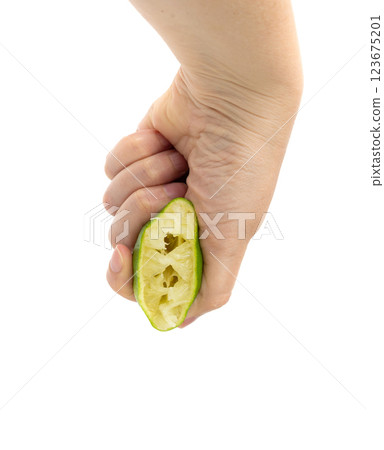 Squeezed lime isolated, squeezed out half green lemon on white background, burnout symbol 123675201