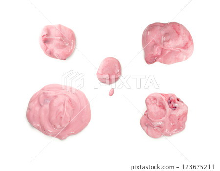 Yogurt smear isolated, white yoghurt with cherry jam splash, pink milk pudding splatter, dairy food Yogurt smear isolated, white yoghurt with cherry jam splash, pink milk pudding splatter, dairy food 123675211