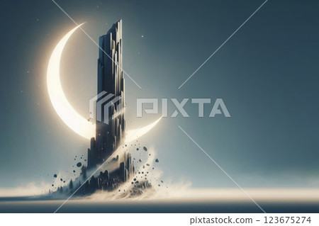 A high rock with a crescent moon on a dark background. Space for text. A high rock with a crescent moon on a dark background. Space for text. 123675274