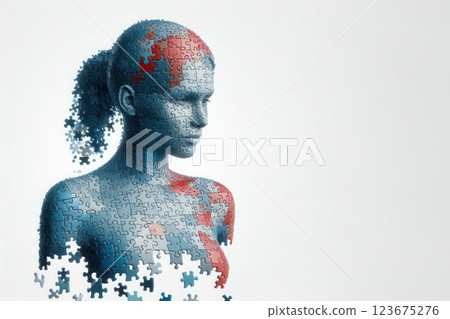 A female figure assembled from puzzles. Space for text. 123675276