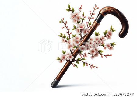A cane with cherry blossom branches. Space for text. A cane with cherry blossom branches. Space for text. 123675277
