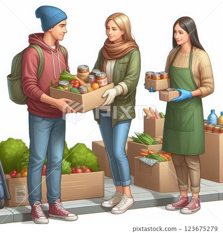 Volunteers distribute food at a charity warehouse. 123675279