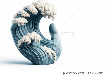 A wave in the shape of a hand with clouds. Space for text. A wave in the shape of a hand with clouds. Space for text. 123675284