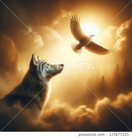 A wolf looks at a white bird soaring in the sky. 123675285