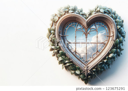 A heart-shaped window, twined with greenery, overlooking the sky. Space for text. 123675291