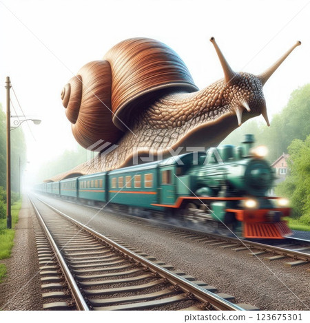 A huge snail moves next to the train. A huge snail moves next to the train. 123675301