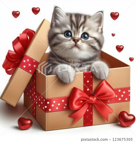 Kitten in a gift box with hearts. 123675305