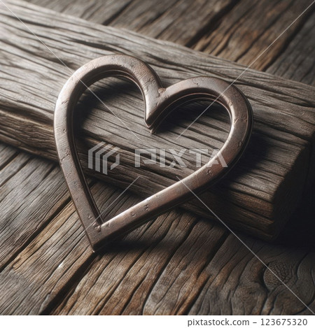 Metal heart on an old wooden background. 123675320