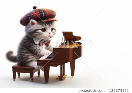 A kitten in a hat plays the piano. Space for text. A kitten in a hat plays the piano. Space for text. 123675321