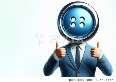 A man in a suit with a button for a head shows a thumbs up. Space for text. 123675336