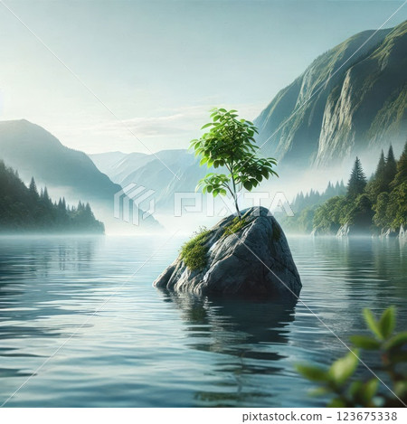 A lonely tree on a rock in the middle of a calm lake. 123675338