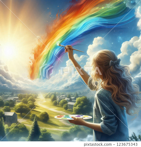 A girl draws a rainbow in the sky above the landscape. A girl draws a rainbow in the sky above the landscape. 123675343