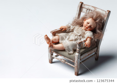 An antique doll in a chair with a worn coating. Space for text. An antique doll in a chair with a worn coating. Space for text. 123675344