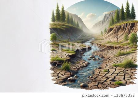 A river in a dry valley among the mountains. Space for text. 123675352