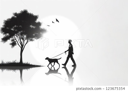 Black and white silhouette scene with man and dog. Space for text. Black and white silhouette scene with man and dog. Space for text. 123675354