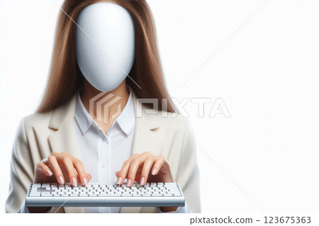 A woman with a blank face typing on a keyboard. Space for text. A woman with a blank face typing on a keyboard. Space for text. 123675363