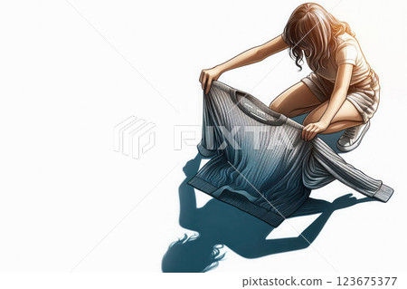 A girl holding a sweater casts the shadow of a man. Space for text. A girl holding a sweater casts the shadow of a man. Space for text. 123675377