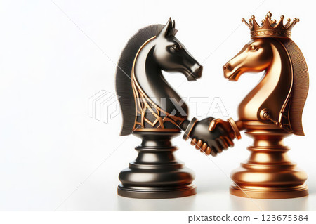 Two horse chess pieces shake hands. Space for text. 123675384