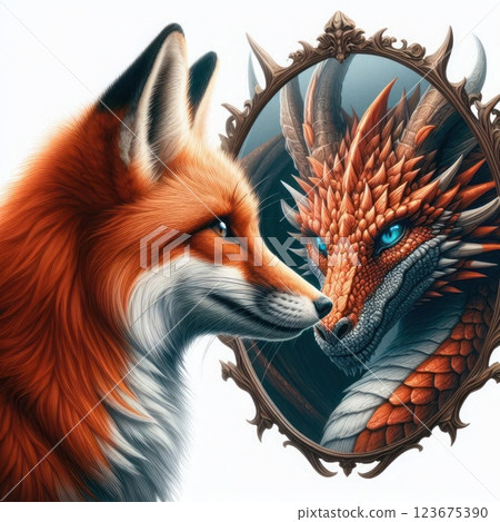 The fox looks in the mirror and sees a dragon. 123675390
