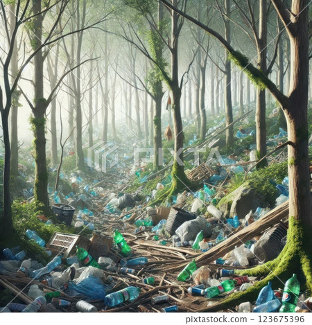 A forest filled with plastic garbage. 123675396