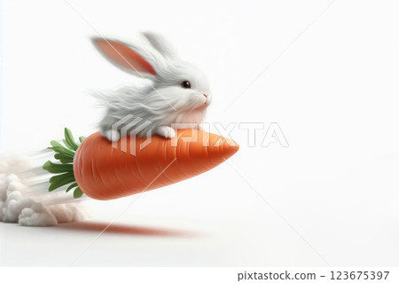 White rabbit on a flying carrot. Space for text. White rabbit on a flying carrot. Space for text. 123675397