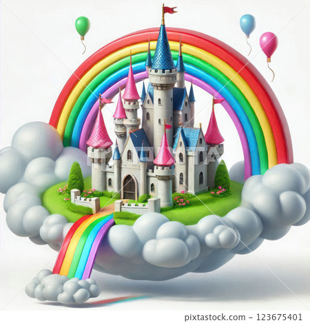 A castle on the clouds with a rainbow bridge. 123675401