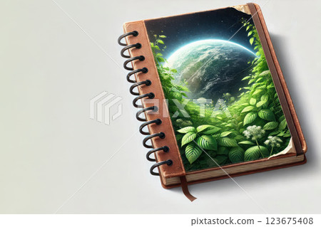 An open notebook with an illustration of the planet. Space for text. 123675408