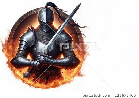 A knight in armor with a sword in a circle of fire. Space for text. 123675409