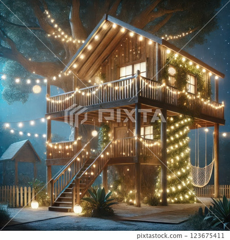 Wooden house decorated with lights in the forest at night. 123675411
