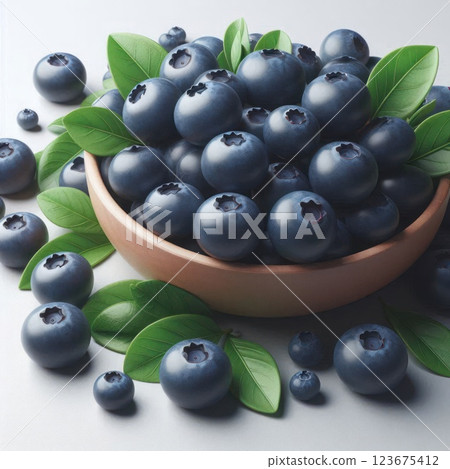 Ripe blueberries in a wooden bowl on a light background. 123675412