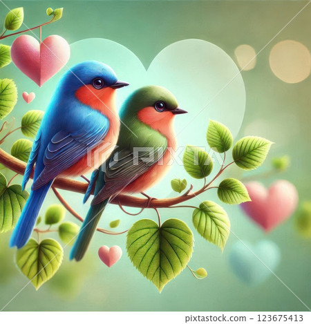 Two bright birds on a branch with leaves and hearts. 123675413