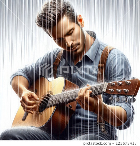 A guitarist plays in the rain. 123675415