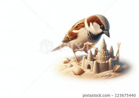 Sparrow builds a sand castle. Space for text. Sparrow builds a sand castle. Space for text. 123675440