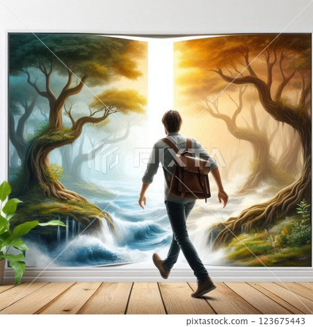 A journey into a fairytale world through an open book. 123675443