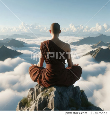 A monk meditates on the top of the mountains above the clouds. 123675444