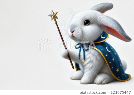 A white rabbit wizard with a wand. Space for text. A white rabbit wizard with a wand. Space for text. 123675447