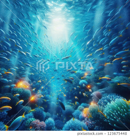 Underwater world with fish and corals, illuminated by the sun's rays. Space for text. 123675448