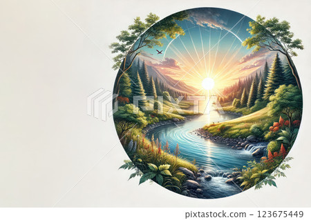 Sunrise over the river in the circle of nature. Space for text. 123675449