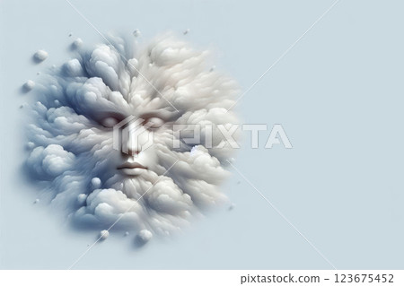 A face made of clouds against the sky. Space for text. A face made of clouds against the sky. Space for text. 123675452