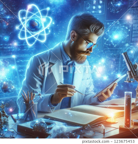 A scientist explores space while sitting at his desk. A scientist explores space while sitting at his desk. 123675453