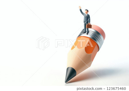 A petite man on the tip of a pencil, a symbol of success. Space for text. 123675460