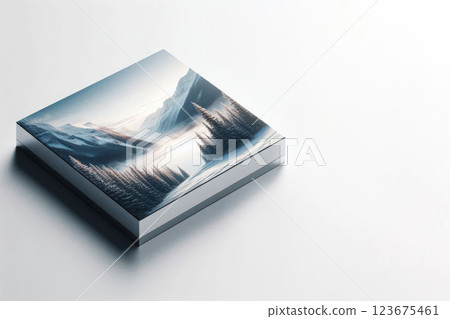 Landscape with a mountain lake on a square box. Space for text. 123675461