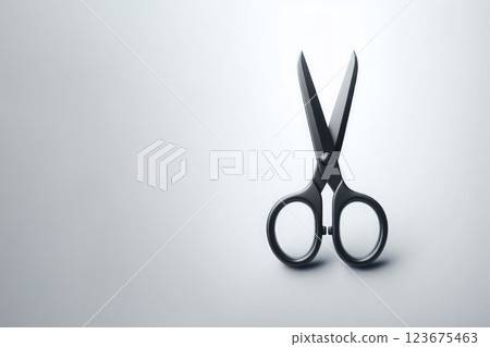 Black scissors on a light background. Space for text. 123675463