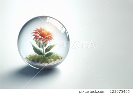 Orange flower in a glass ball. Space for text. 123675465