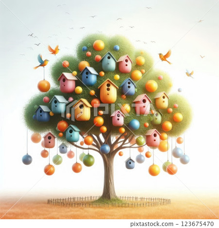 A tree with colorful birdhouses and balls. Space for text. A tree with colorful birdhouses and balls. Space for text. 123675470